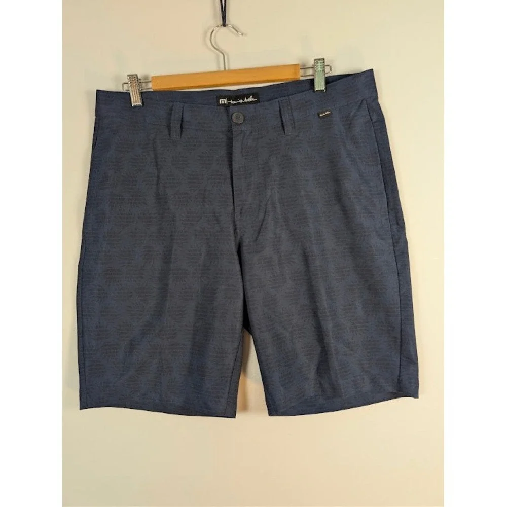 TravisMathew Golf Shorts Mens 34 Navy Blue Palm Leaf Print Stretch Performance